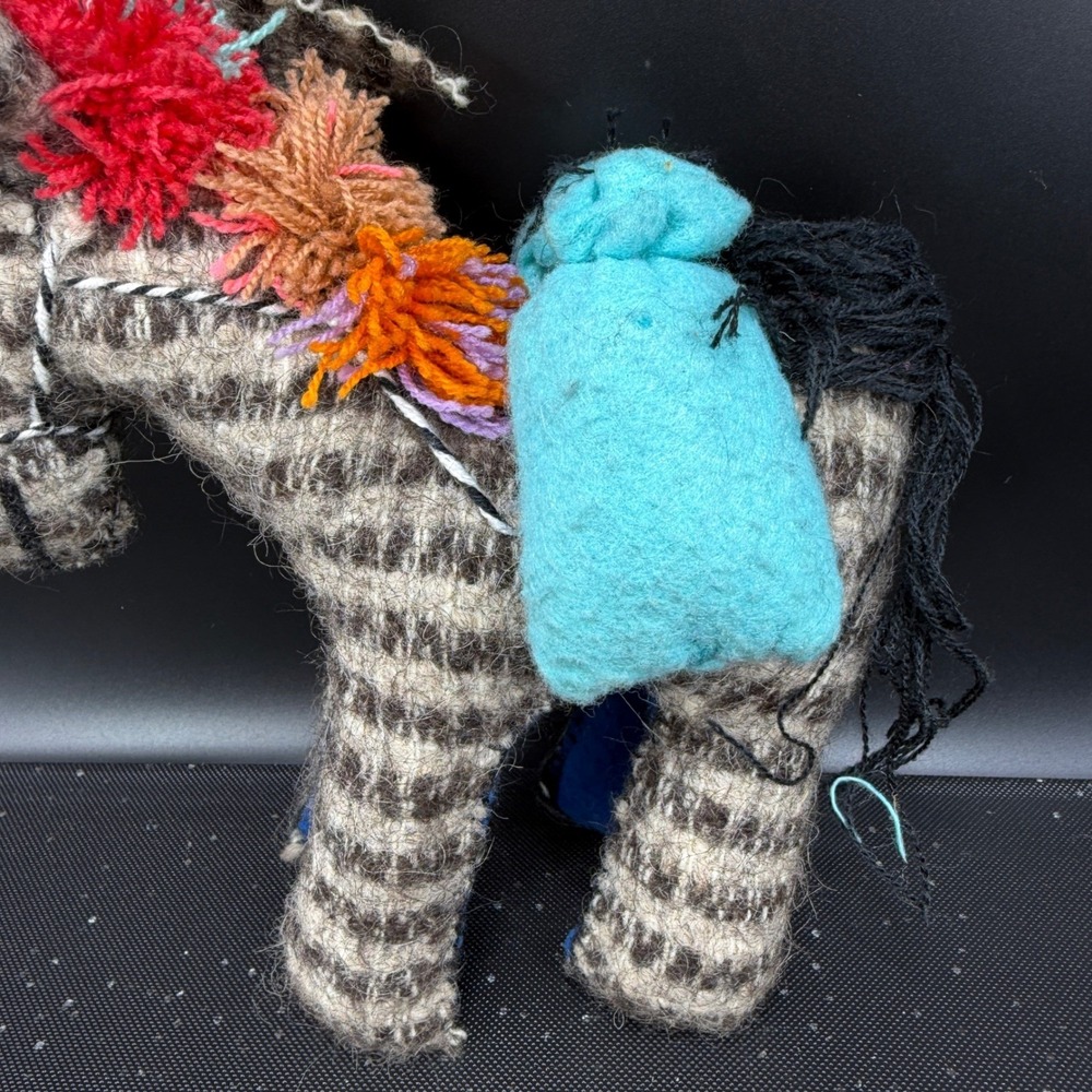 Vintage Mexican Folk Art Woven Wool Burro Donkey Figurine Colorful Yarn Pom Poms - Picture 9 of 11